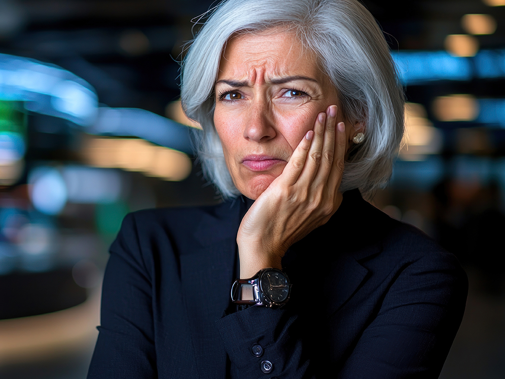 Woman holding jaw in pain showing symptoms of a dental emergency